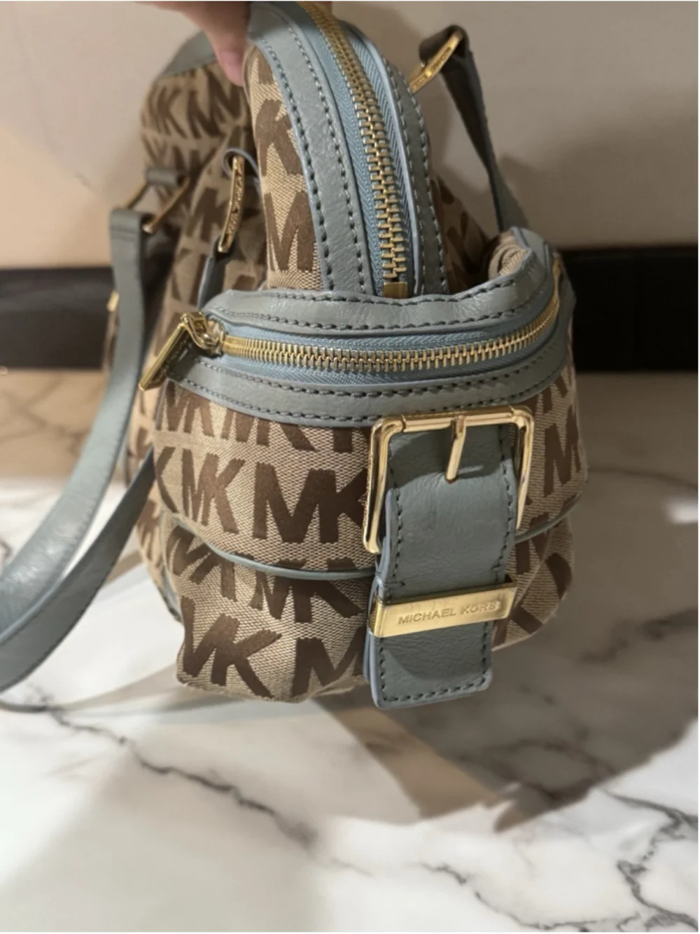 MICHAEL KORS monogram Beige Blue Teal jacquard LARGE satchel Y2K EUC Purse Bag